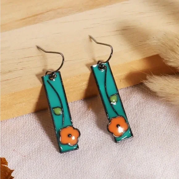 Green and Orange Floral Dangle Earrings - Picture 2 of 3